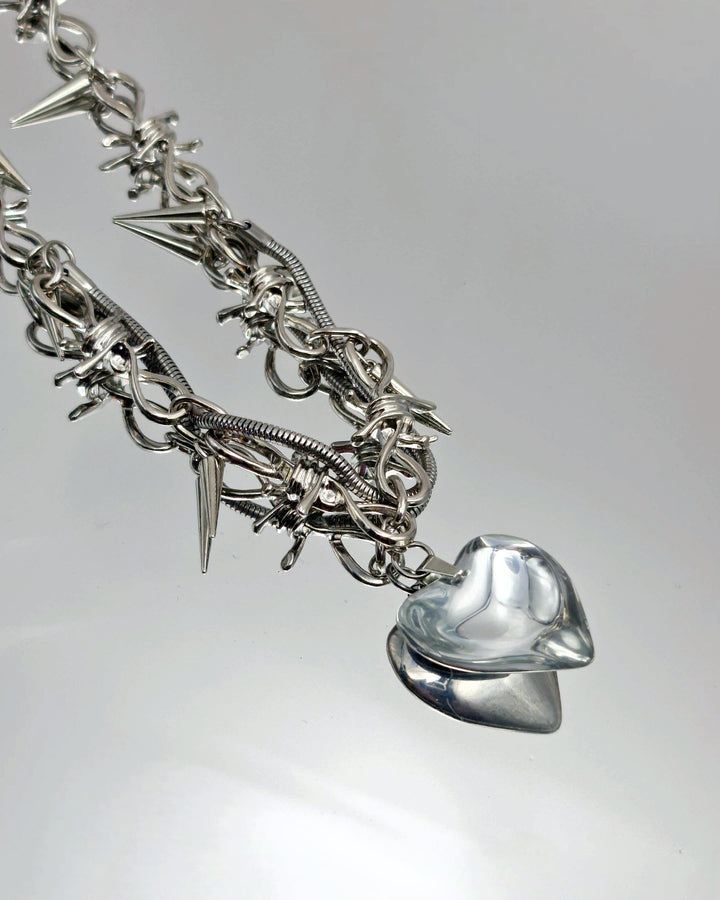 Silver Heart Necklace With Spiky Chain - Nikaneko